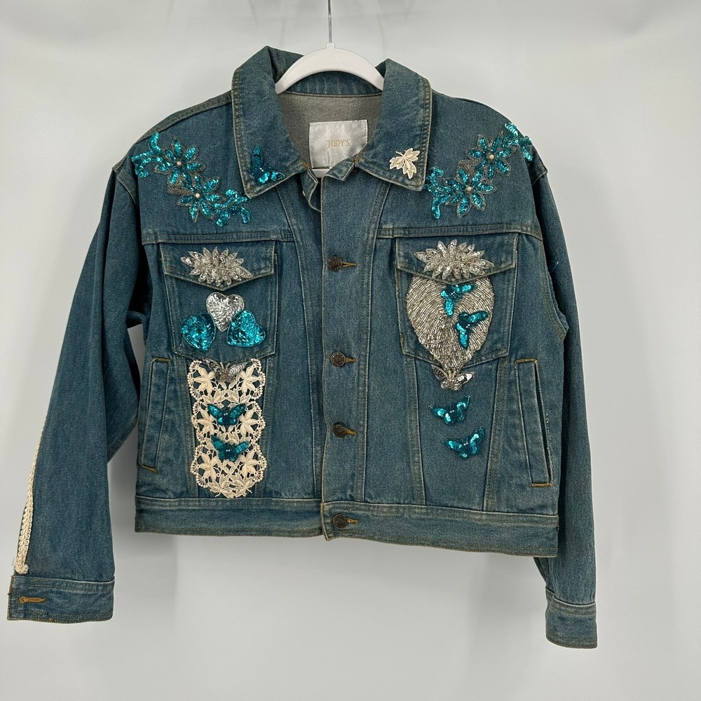 Women Vintage Upcycled Boho Denim Jacket Sz S Maximalist Butterfly Floral Sequin